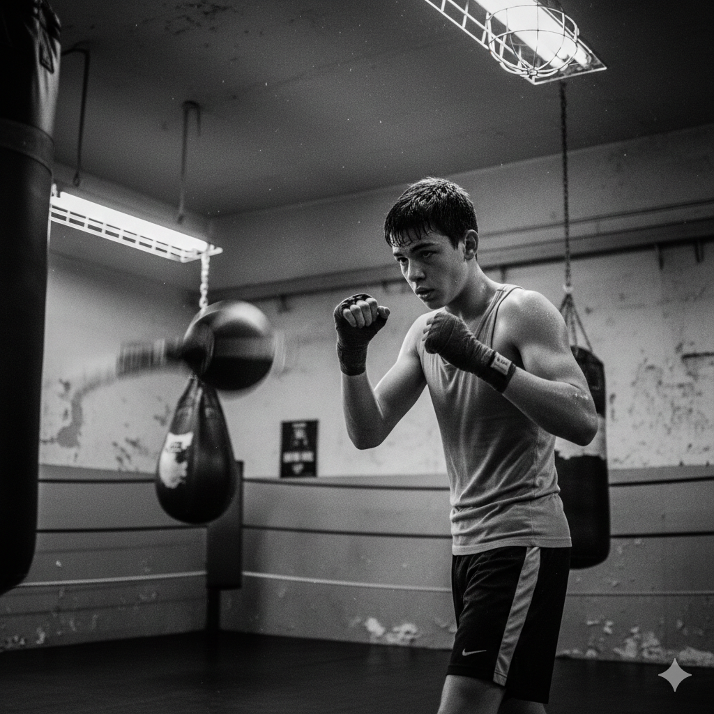 Boxer working the speed ball during a conditioning session at Broad Street Boxing
